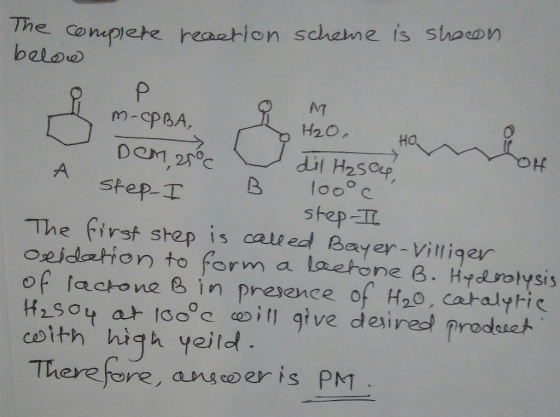 The complete reaction scheme is shown ملی 17 H2O, HO dil H₂SO4, A OH below Р M-PBA, Dem, 2500 step. I step-I The first step i