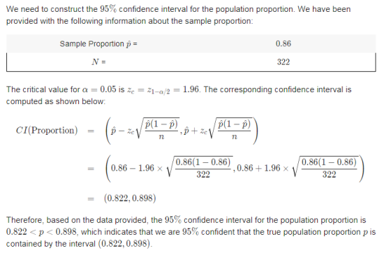 We need to construct the 95% confidence interval for the population proportion. We have been provided with the following info
