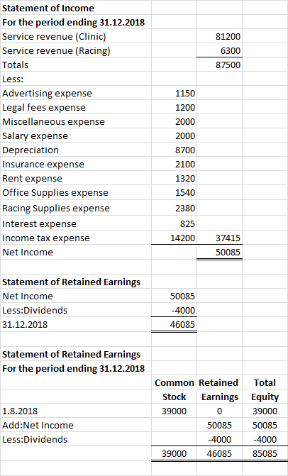 81200 6300 87500 Statement of Income For the period ending 31.12.2018 Service revenue (Clinic) Service revenue (Racing) Total