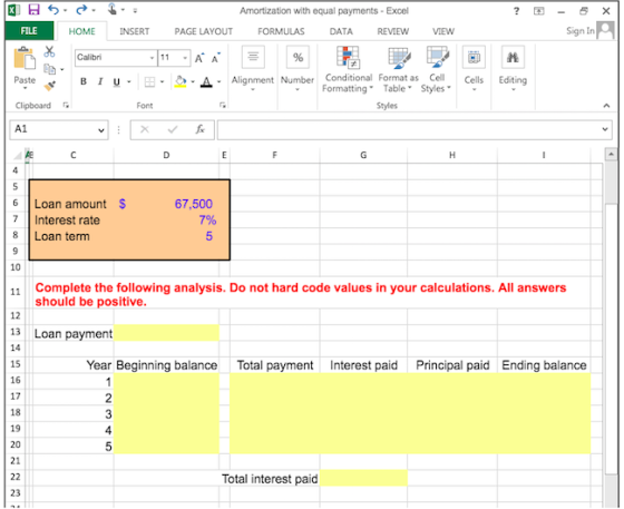 XUR 5 + Amortization with equal payments - Excel FORMULAS DATA REVIEW FILE HOME INSERT PAGE LAYOUT VIEW Sign in Calibri 11 -