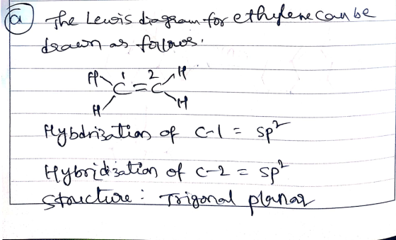 Ja) The Lewis diagram for ethylene can be drawn as follows. A cach flybdrisation of C-1 = sph Hybridization of c^2 = sp2 stru