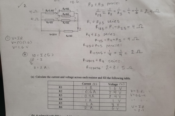 =0.6 R₂ + R3 parallel ++++5 = 2.42 Ry=1.601 422 A R & R23 sen Ri=10 V=10 V R=30 DV=IR V=(1)(1.6) V = 1.6V © 10-115) P123=R1+R