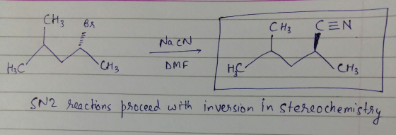 CH, Bя CH₃ CEN Na CN DMF H₂C CH₂ CH₃ SN2 reactions proceed with inversion in stereochemistry