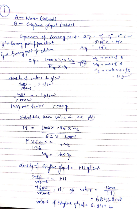 A-→ Water (solvent). B- Emlene glyel (salute). =0°-( 197) - 19°c Depressin of frecezing.paint Alf T 19°C sohition lo00x kfx W