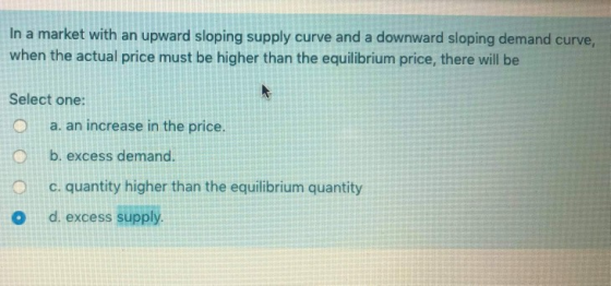 In a market with an upward sloping supply curve and a downward sloping demand curve, when the actual price must be higher tha