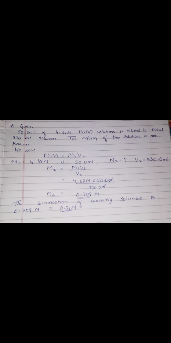 * Given 5o.om 1 of 4.68M Nich soluhon is diluted to total 330 ml solution. The modality of this solution is not known We have