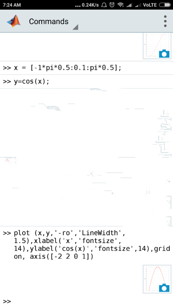 7:24 AM Commands >>x [-1*pi*0.5:0.1:pi*0.5); = y-cos(x) >>plot (x,y, -ro, Linewidth, 1.5),xlabel(x, fontsize, 14),yla