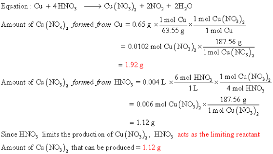 Equation : Cu + 4HNO3 →→ Cu(NO3), + 2NO3 + 2H,0 1 mol Cu 1 mol Cu(NO3), Amount of Cu(NO), formed from Cu = 0.65 g x- * *63.55