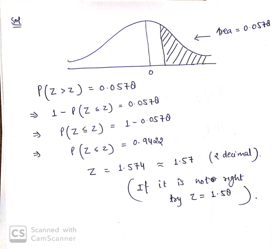 Sol pea 0.0578 L 0 > P(Z >z) = 0.0578 1 - P(Z - 2) = 0.0578 P(252) = 1-0.0570 (252) 1.57 (e decimal) (It it is noto nght toy
