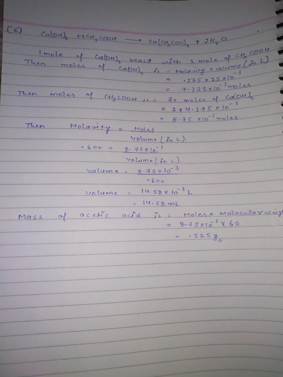 CaloH t2CH COOH caleH, CoO) 2 mole ap Ch CoOH Molasiy 175 x 25 xlo 4.37SX/O Moles IMole Then Calon) react with moles cabH) 3