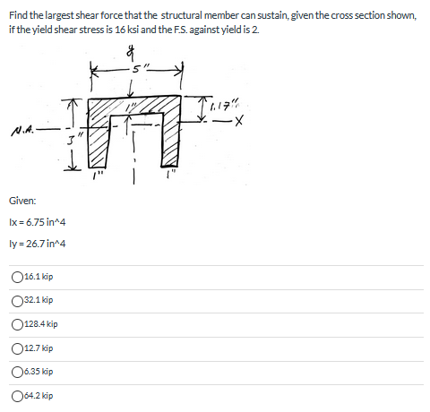 Find the largest shear force that the structural member can sustain, given the cross section shown, if the yield shear stress