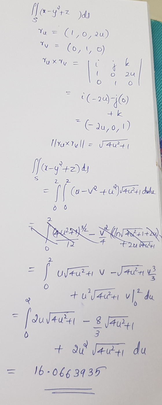 ry= k 24 O .(-24,0,1) Pl (x - y² + 2 ) de ru = (1,0,2u) (0, 1,0 ru x ru i(-24) jo llruxrull=54u²+1 (x-y + 2) de si (0-12 +uWJ