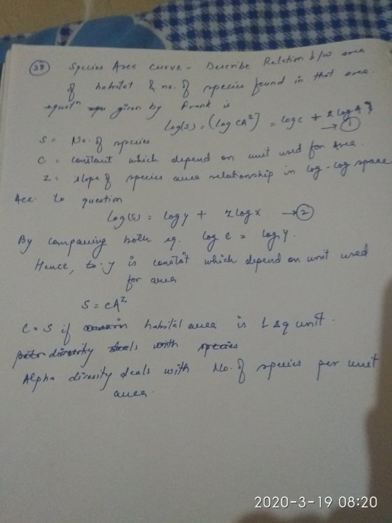u Relation b - Describe or trea (28) Species are curve Describe Rete of habitat & no. of species found in that area. aquete e