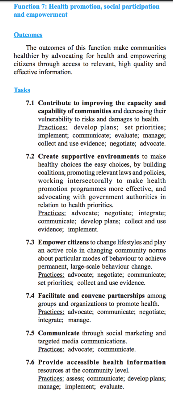 Function 7: Health promotion, social participation and empowerment Outcomes The outcomes of this function make communities he