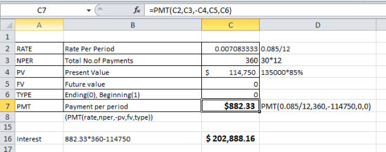 fc =PMT(C2,C3,-C4,C5,C6) B 0.007083333 0.085/12 360 30*12 114,750 135000*85% $ 1 2 RATE 3 NPER 4 PV 5 FV 6 TYPE 7 PMT 8 15 16