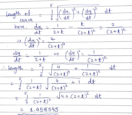 5 Length of I do (de ² et 2 c da I at dt curve here, dae t at 2+t (2+ + ² (2+2)2 4 (dr. ) (2+0) dy Contest dr 2+t dt (2+2)2 5