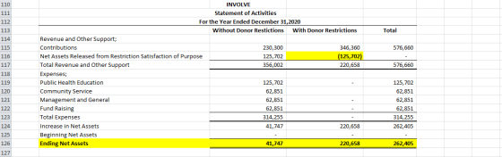 110 INVOLVE 111 Statement of Activities For the Year Ended December 31,2020 112 Without Donor Restictions With Donor Restrict