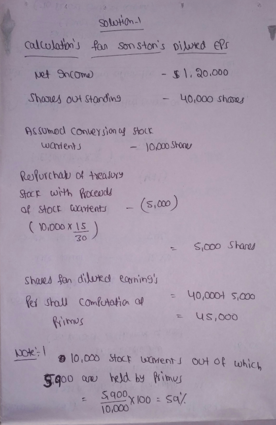 Solotion- Callulatons fon Son stons piued ers ఇం.00 Net Sncoma Shares out starding 40,000 shares Accomod conueYion af stocr