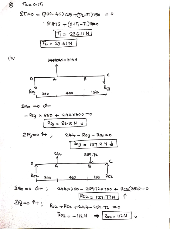 @ T2 = 0.15 ET=0 = (300-45)125 +CT2-TI)150 = 0 · 31875 +0.1TI-T12150 TT = 236.11 N T2 = 23.61N 3456845=244N B7 Roy 300, 400