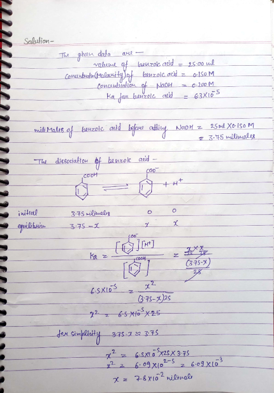 Salution- The giren data are - volume of benzoic aud - 25.00 vel Comunbeatie-(Malawuty of benzola acid z o SOM concentration