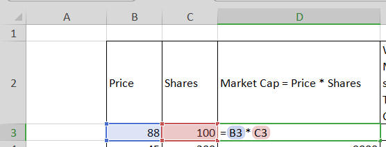 А в с Price Shares Market Cap = Price * Shares I 881 100=B3* C3 no