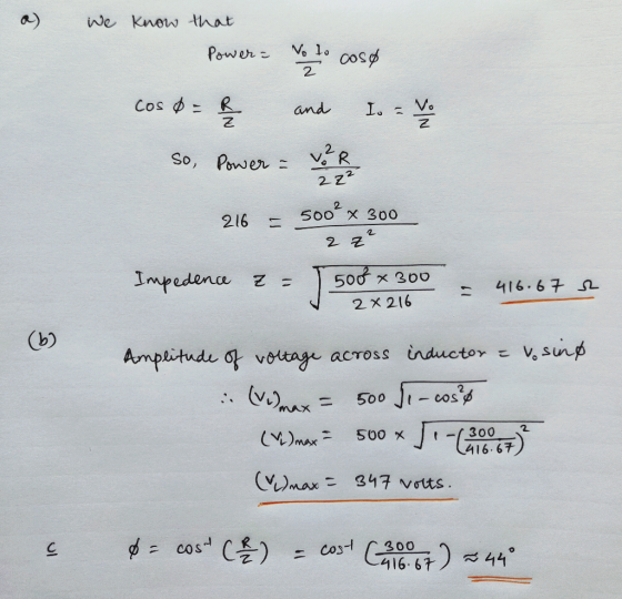 as we know that Power = No 10 cose cosp=h and so so, Power = VER 222 216 = 500? x 300 2 z Impedence 2= 1 5008 x 300 - 416.67