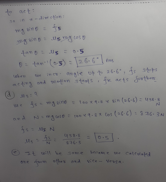 to act: so in ar direction: mg sino = fs mg sino = Mis mg costo tano a las = 0.5 o = tan-1 (0.5) = 26. 6° Ans when we incr. a