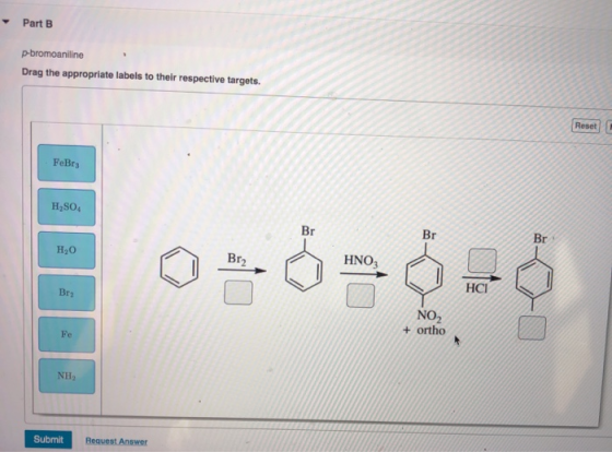 Part B p-bromoaniline Drag the appropriate labels to their respective targets. Reset C FeBrs H,SO Br HIO Br2 HNO3 Brs NO2 + o