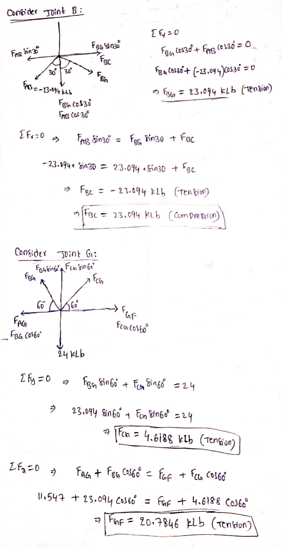 Consider Joint B : { fyzo Fec songo FAR Sinza TERC FBG Cos38+ FAB (0530 = 0 30° 30° FEG Fea casso+ (-23.094)cos38 = 0 FAB=-23