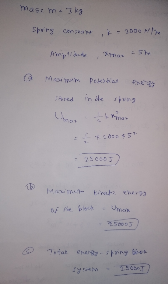 mass m 3 kg k2000 N/M Constart Sue4s 5M Amplidude Maxi mam Poterhas ererpy in dhe SAvred Cmar KAmar 2000 5 2 25000 J Maximum