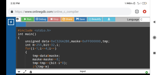 2:32 PM 1.9KB/s & all o https://www.onlinegdb.com/online_c_compiler 2 Run O Debug Stop Share Save {} Beautify Language C 4 #i