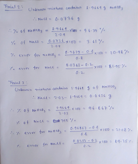 Trial 2: Unknown mixture contain 1.9664 g Nattoo, e. Nach = 0.0736 g % of Natt CO₂ = 1.9 669 Xtoo = 96.39% 2.09 % of Nall = 0