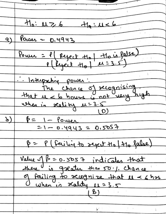 Ho: u 7,6 Haus 6 al Power = 0.4943 I Powen - a pl Reject tol te is false) flyeit Hol M=3. 1. Intupsting power : the chance of
