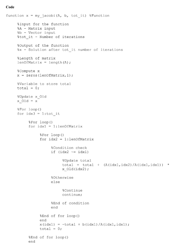 Code function x = my_jacobi(A, b, tot_it) Function Input for the function SA - Matrix input $b - Vector input $tot_it - Numbe