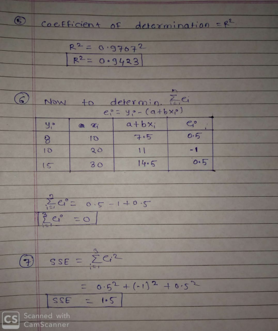 6 Coefficient of determination = R² R² = 0.97072 R2= 0.9423 - Now to determin. isi eo - yo-(a+bxo). yo Taxi atbai е , 705 I 0