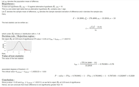 Let ud denotes the population mean of differnce. Hypotheses : To test null hypothesis Hofd = 15 against alternative hypothesi