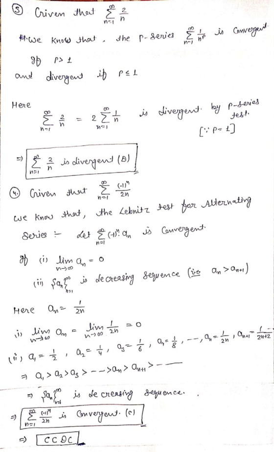 ③ Criven that & the p-series Åh is convergent * We know that 96 P1 and divergent if pel Here Test M no 2 t is divergent by p-