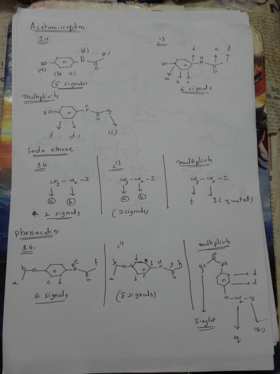 Acetaminophon 11+ (0) e f No . b 6 signals (a) (b) (6) (s signals multiplicity Home Pok (s) d id iodo ethane : 1H multiplicly