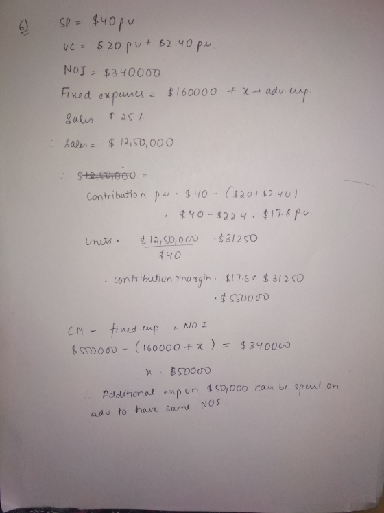 6 SP = $40 p.u UC $20 put $2.40 pe NOI = $340000 Fired expenses $160000 tx adu. eup. Sales 1 251 : sales $12,50,000 $120,000