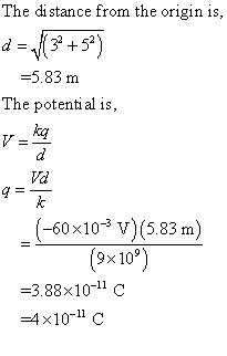 The distance from the origin is, -5.83 m The potenti al is, ka Vd (-60x103 V)(5.83 m) (9x10) 3.88x10-11 c -4x10- C