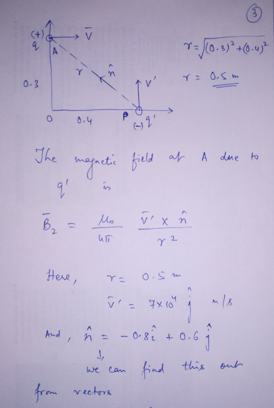 v (+) q Xa :)0.3)2+(0.4) r Toss r = 0.5 m 0-3 침 O 0.4 El q The magnetic field field at A due to q B₂ Mo j x - 2 UT ra Here