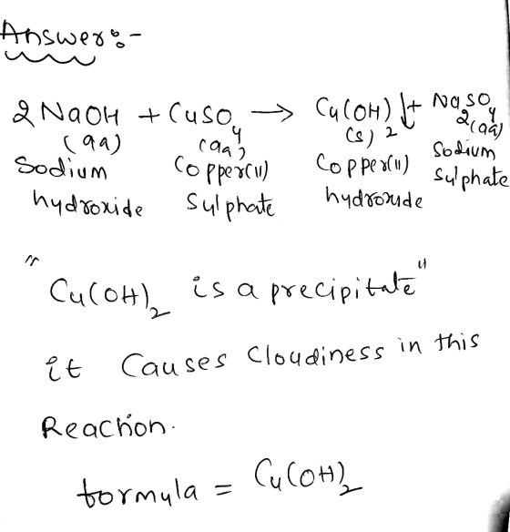 Answero 2 NaOH + Cuso → CucoH) 4+ noe og (99) coas y (8) 2° Sodium Coppercil) Copperlu) I sulphate hydroxide sulphate hydrosu