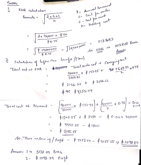 CH EOQ calcul ahon Formula = 2xDxS SE Cost Cost vunt D = Annual Demand pee ordes per Hi Holding wit H C 513 8093 26400 poo 51