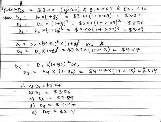 (girem) & gi= 0.0 9 & 92= 0·15 $3.00 (1+ 0·09) = $3.00 (1+ o.09)2=$3.56 $ 3.00(1+0.09)3 Given:- Do $3.00 Do x(1 +9,) = Do x