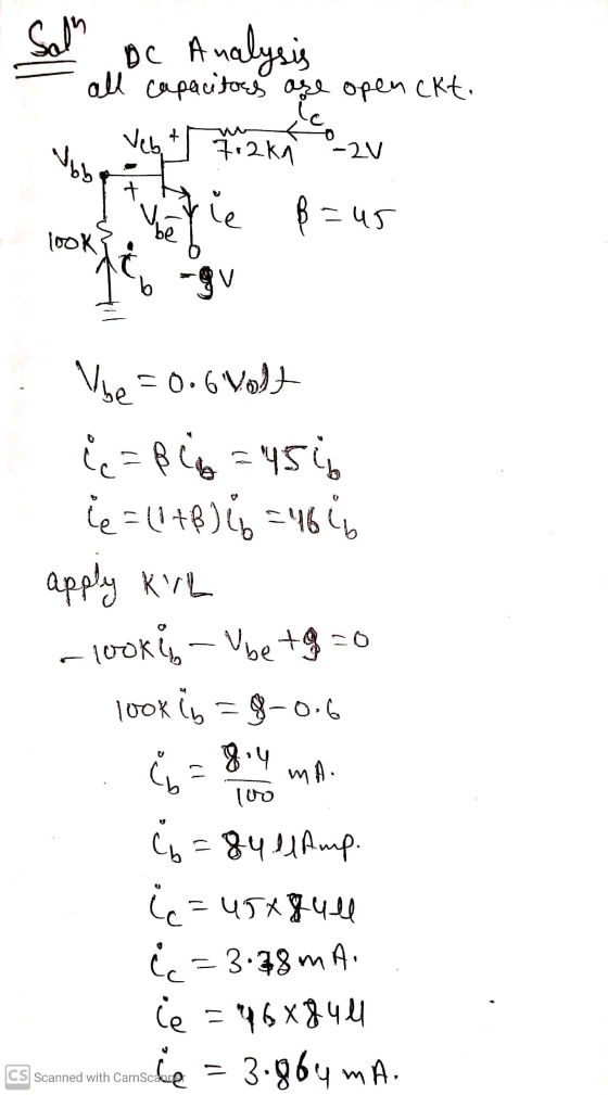Sal DC Analysis ал с рамо, о5у ором ск. о 1.2k Nь, le в – 45 Ve, + -N 1 be (ook 1 . b - V Ve = 0.6Vo), іс - вi = Чsi, ie = 1