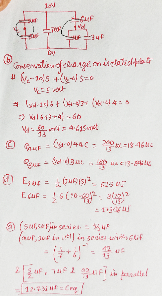 10V urduf Conservation of charge on isolated plate # V-10)5 + (V-C) 520 - Ves volt # Wd-10)6+ (vd=0)3+ (Val-c) 4 = 6 2) Vl (6