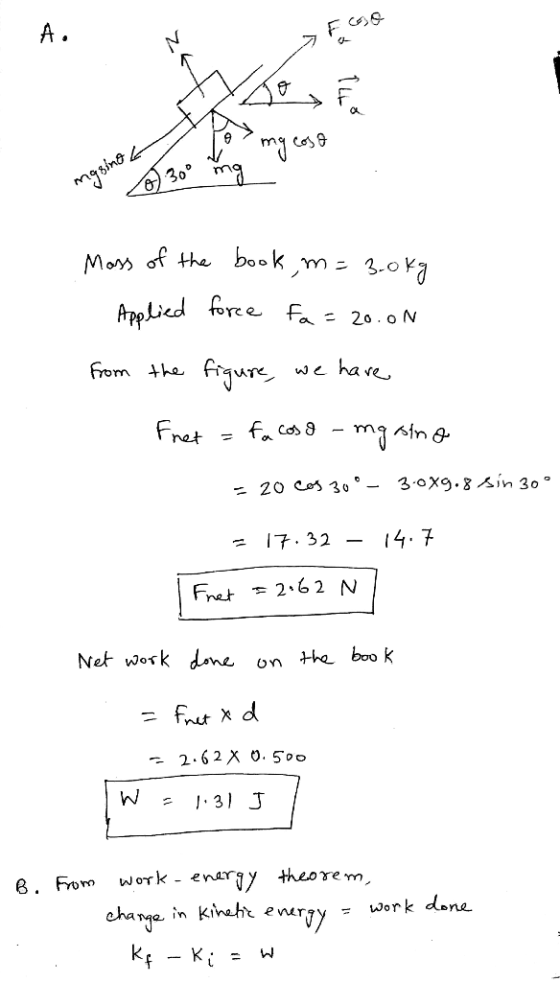 A. Fisse F mg cosa mgsino a 30° ing Moss of the book, m= 3.0kg Applied force fa= 20.00 from the figure, we have fnet = fa cos