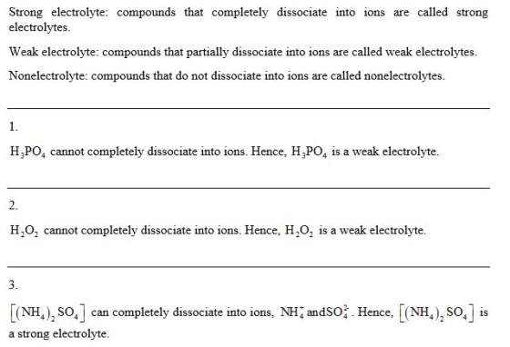 Strong electrolyte: compounds that completely dissociate into ions are called strong electrolytes. Weak electrolyte: compound