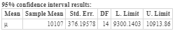 95% confidence interval results: Mean Sample Mean Std. Err. DF L. Limit U. Limit 10107 376.19578 14 9300 1403 10913.86