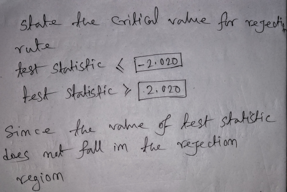 slate the critical rabie for regection rute test Statistic & -21020 test statisfic & 2.020 Since the value of best statistic